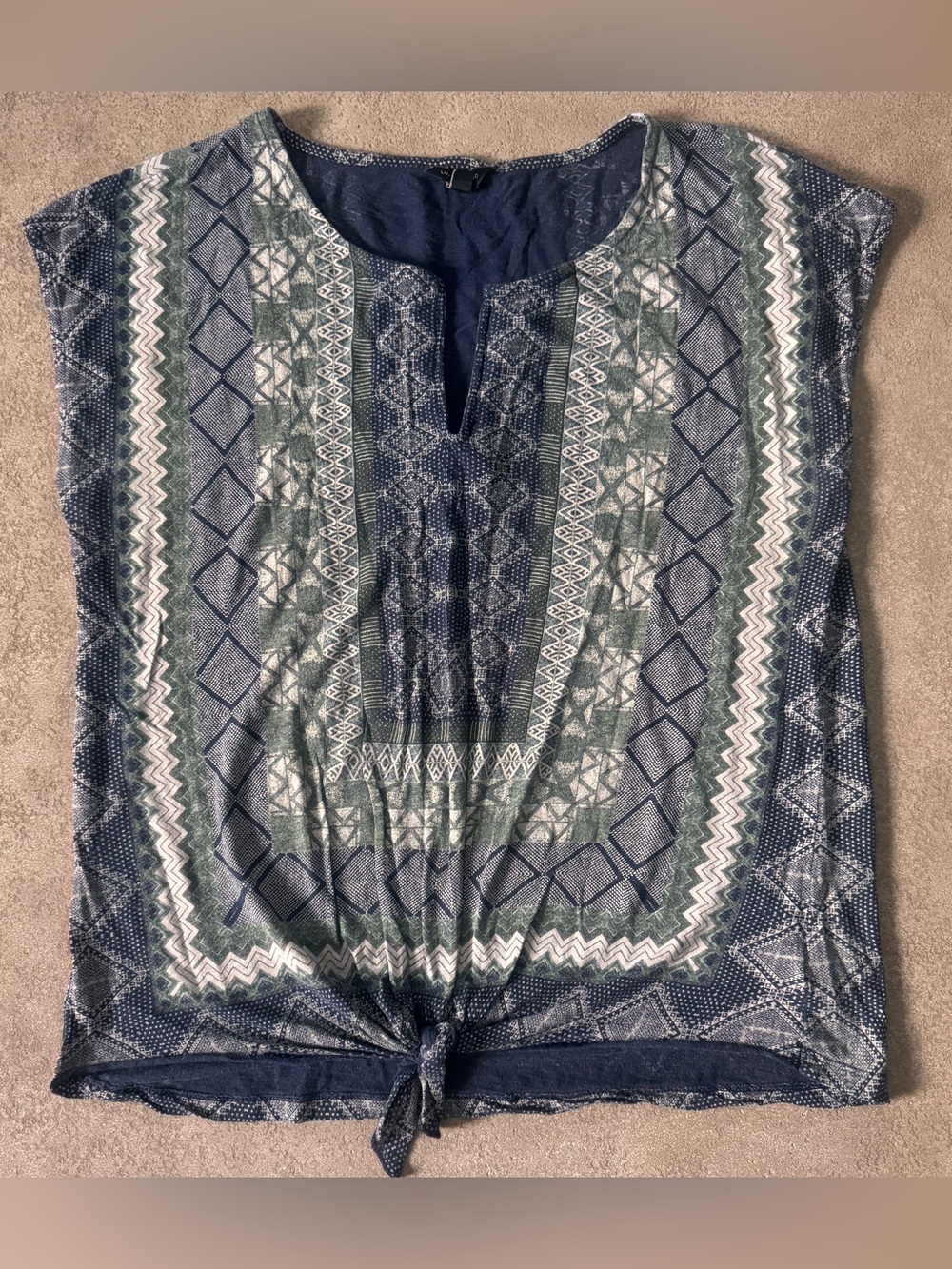 Lucky Brand Blue Green Boho Tie Front Top Large Tribal Print Short Sleeve - Picture 2 of 9